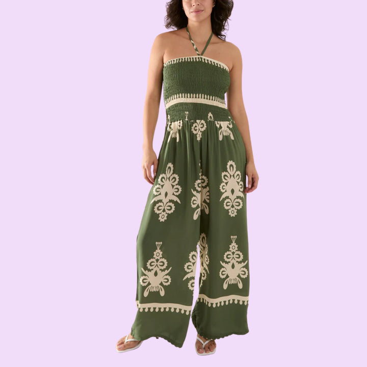 SHIRRED BODICE BANDEAU PRINTED JUMPSUIT