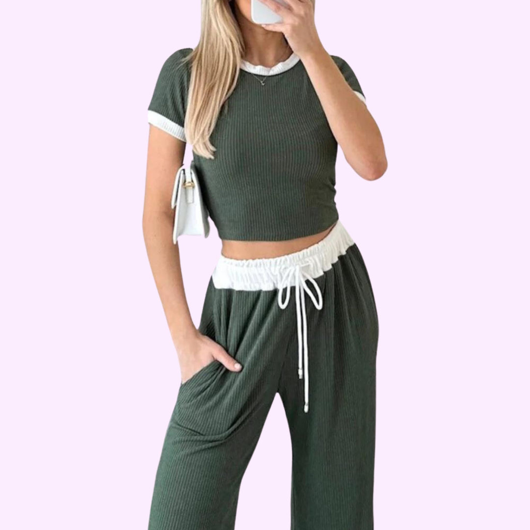 Ribbed contras cap sleeve crop top and trouser two piece set