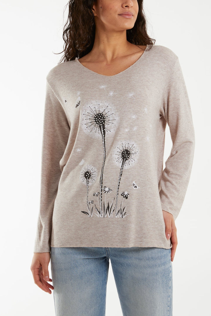 Diamante Dandelion Flower Fine Knit