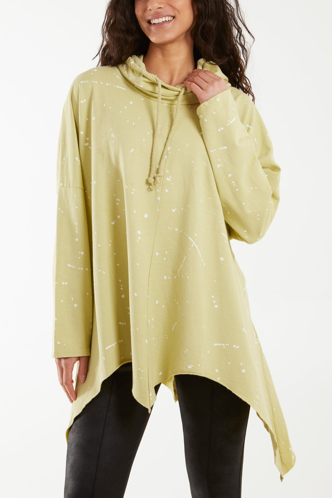 Paint Splatter Cowl Neck Hanky Hem Sweatshirt