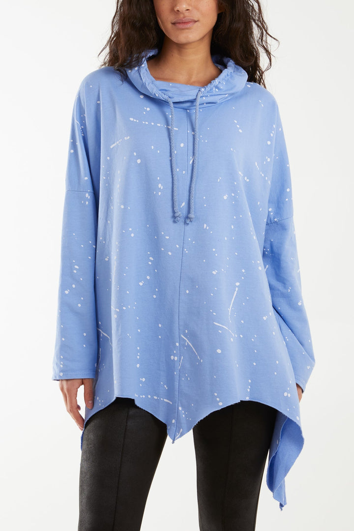 Paint Splatter Cowl Neck Hanky Hem Sweatshirt