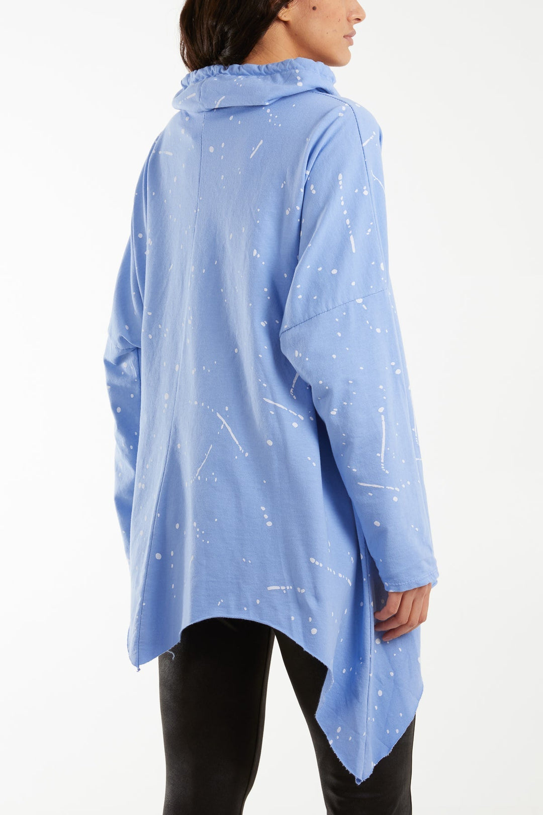 Paint Splatter Cowl Neck Hanky Hem Sweatshirt