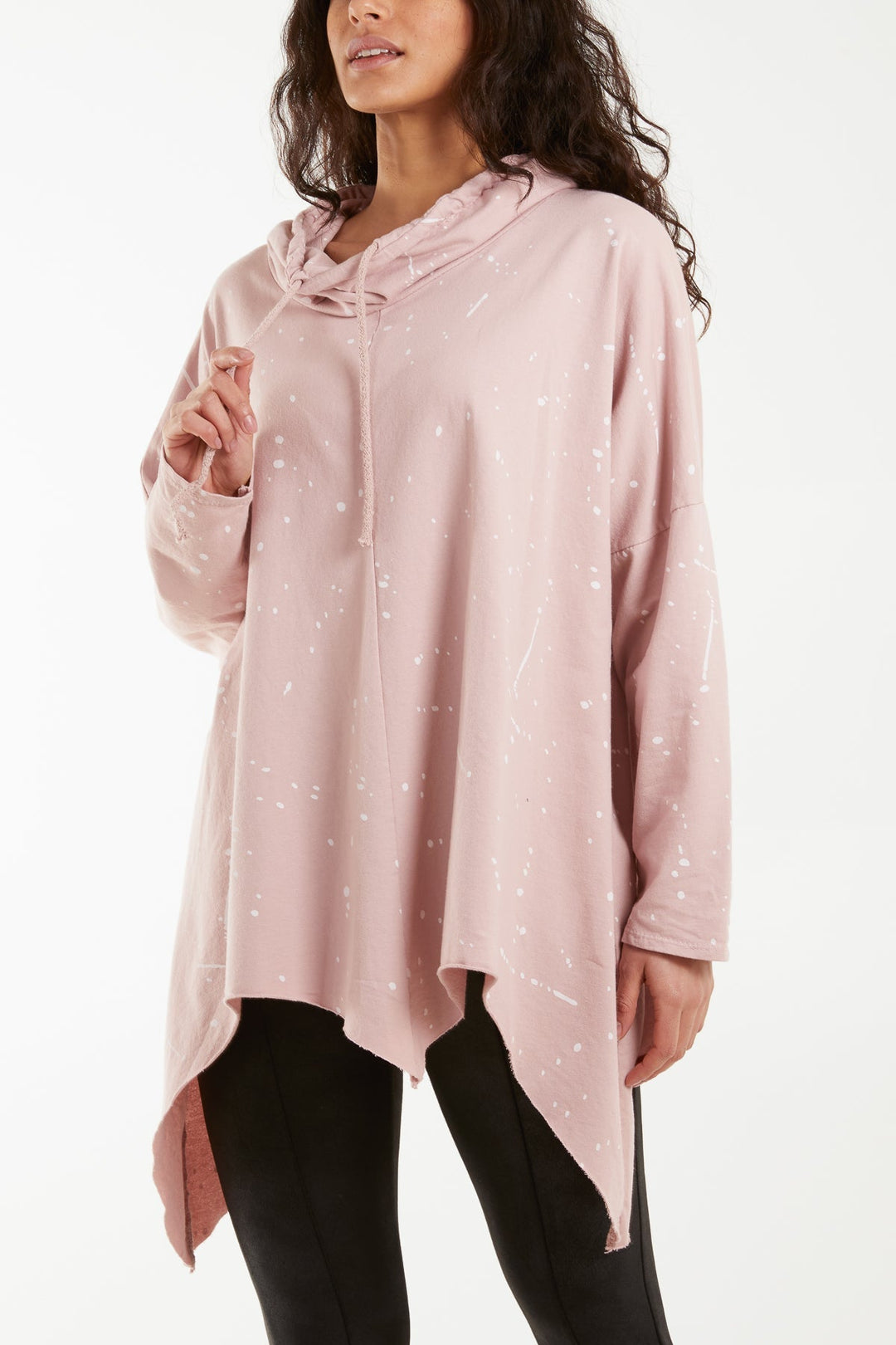 Paint Splatter Cowl Neck Hanky Hem Sweatshirt