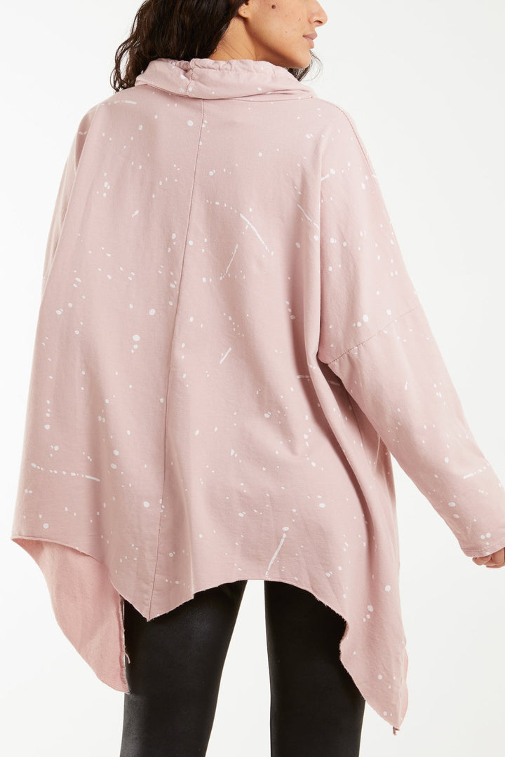 Paint Splatter Cowl Neck Hanky Hem Sweatshirt