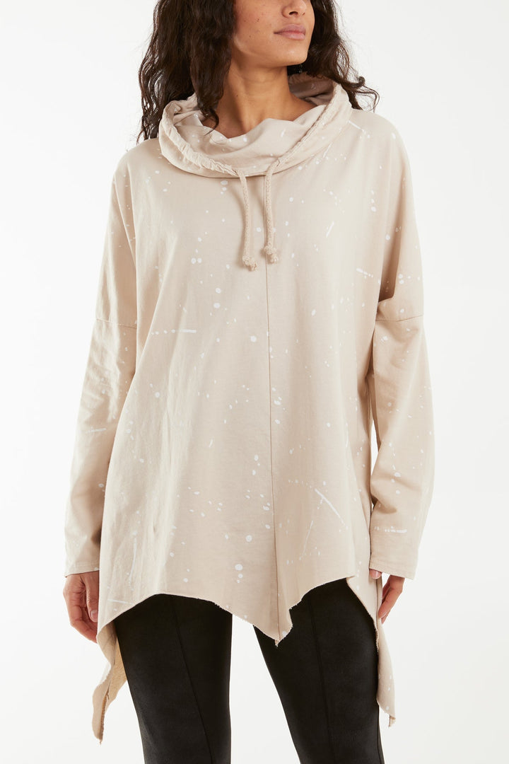 Paint Splatter Cowl Neck Hanky Hem Sweatshirt