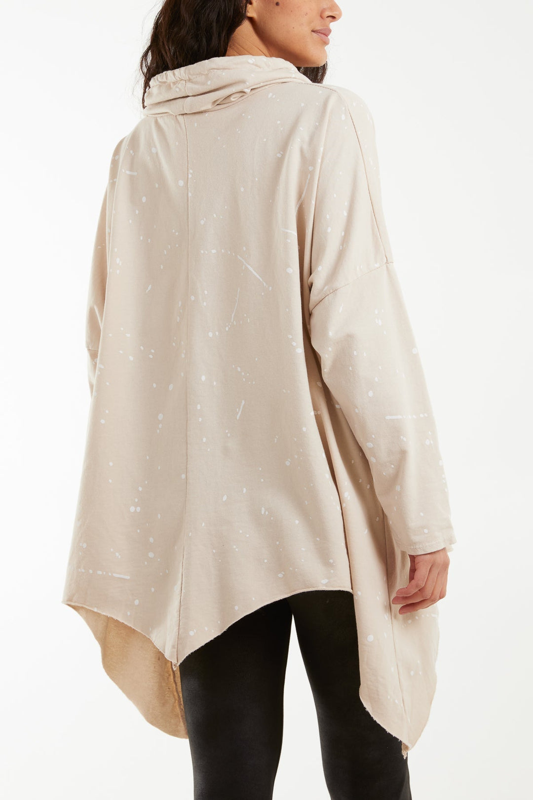 Paint Splatter Cowl Neck Hanky Hem Sweatshirt