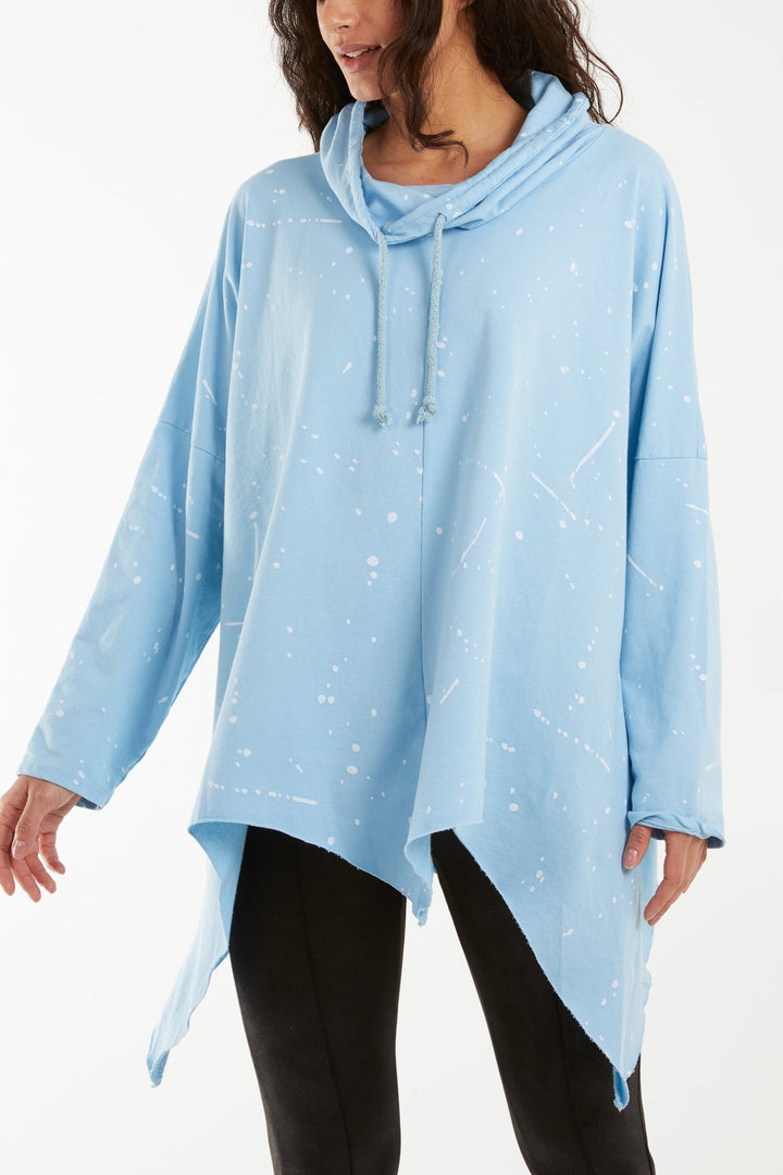 Paint Splatter Cowl Neck Hanky Hem Sweatshirt