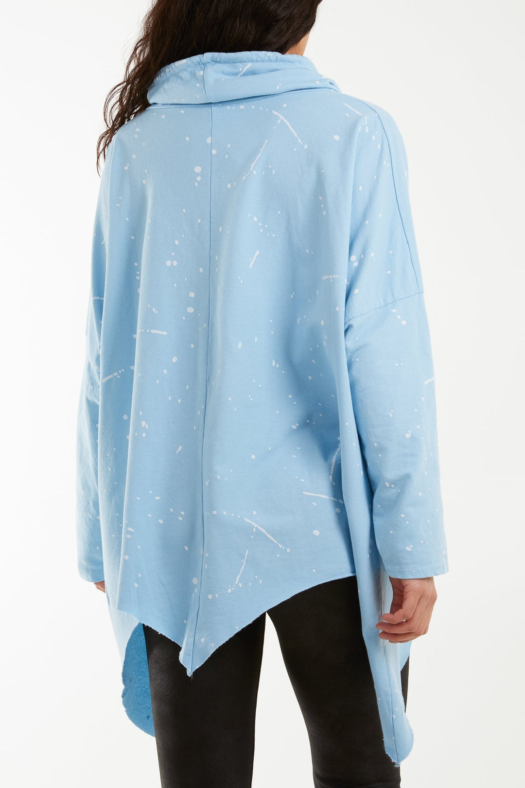 Paint Splatter Cowl Neck Hanky Hem Sweatshirt