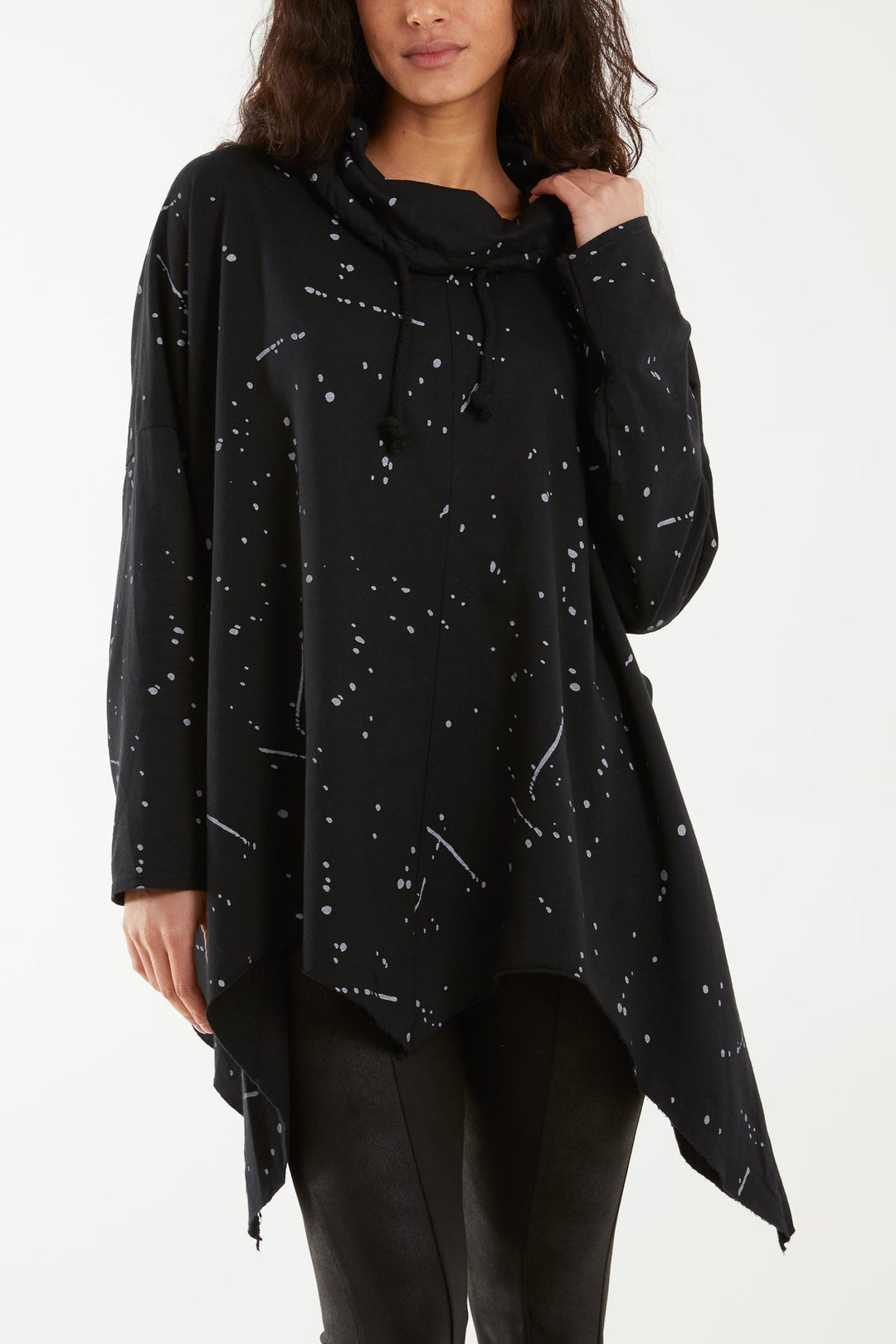 Paint Splatter Cowl Neck Hanky Hem Sweatshirt