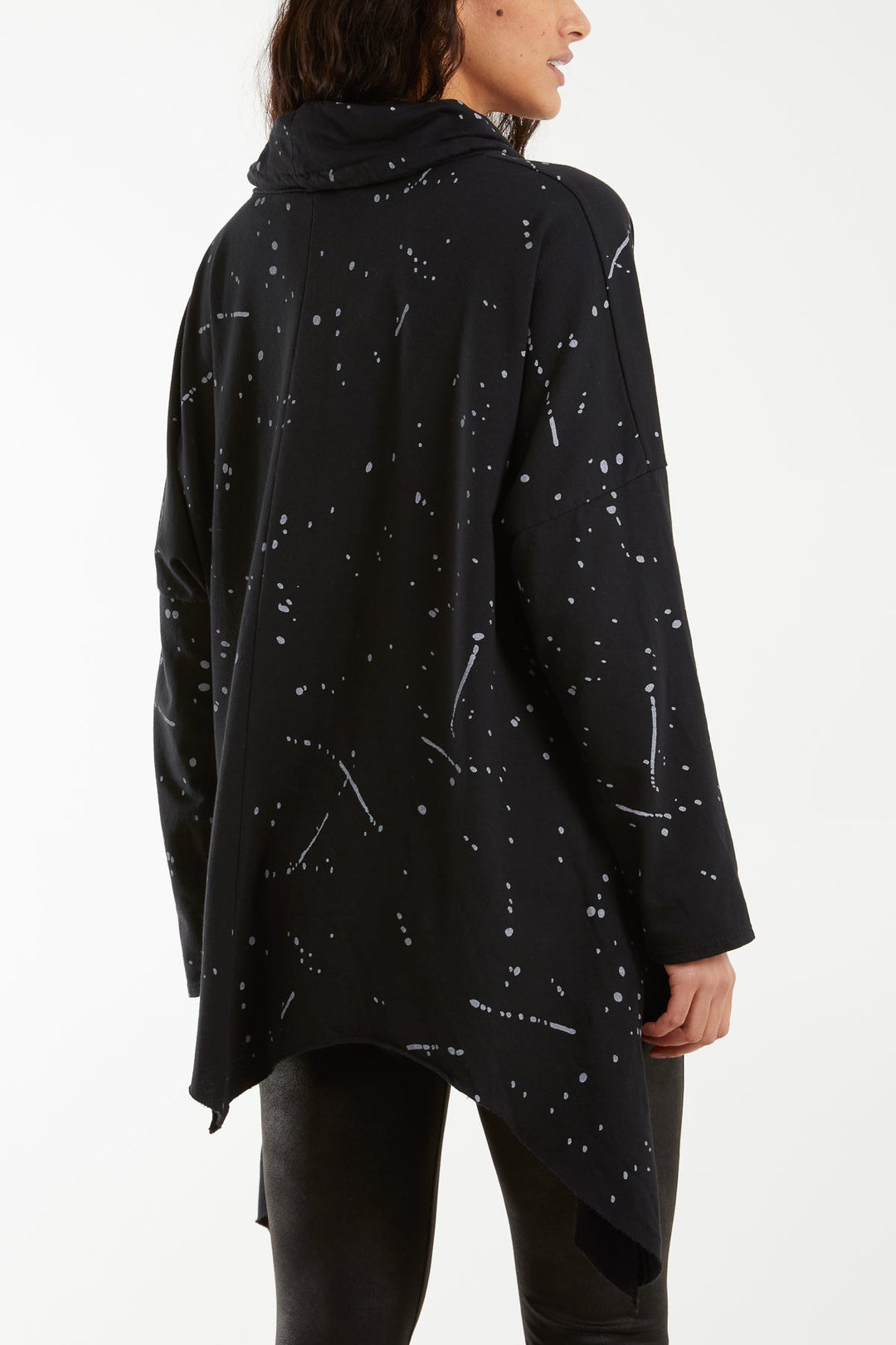 Paint Splatter Cowl Neck Hanky Hem Sweatshirt