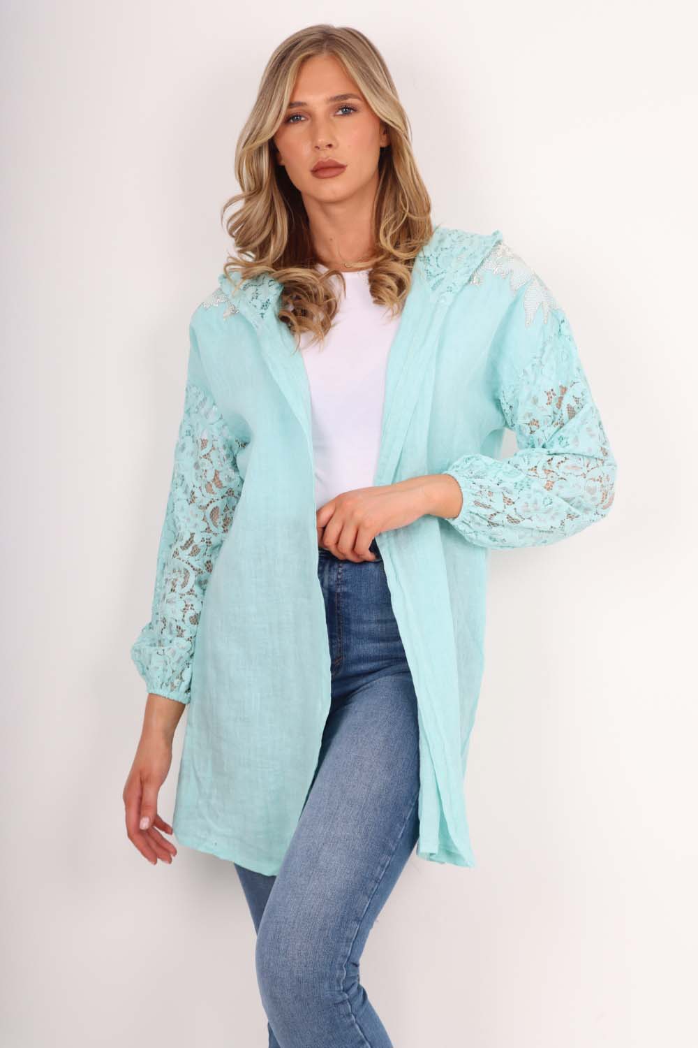 Italian Lace Sleeve Hooded Long Cardigan
