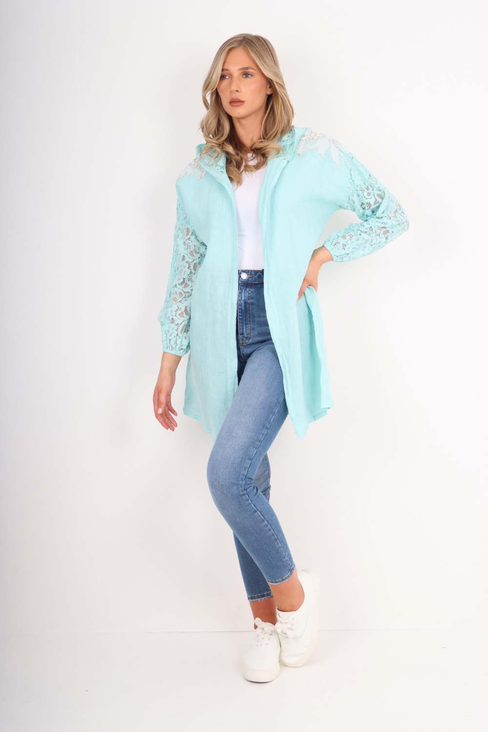 Italian Lace Sleeve Hooded Long Cardigan