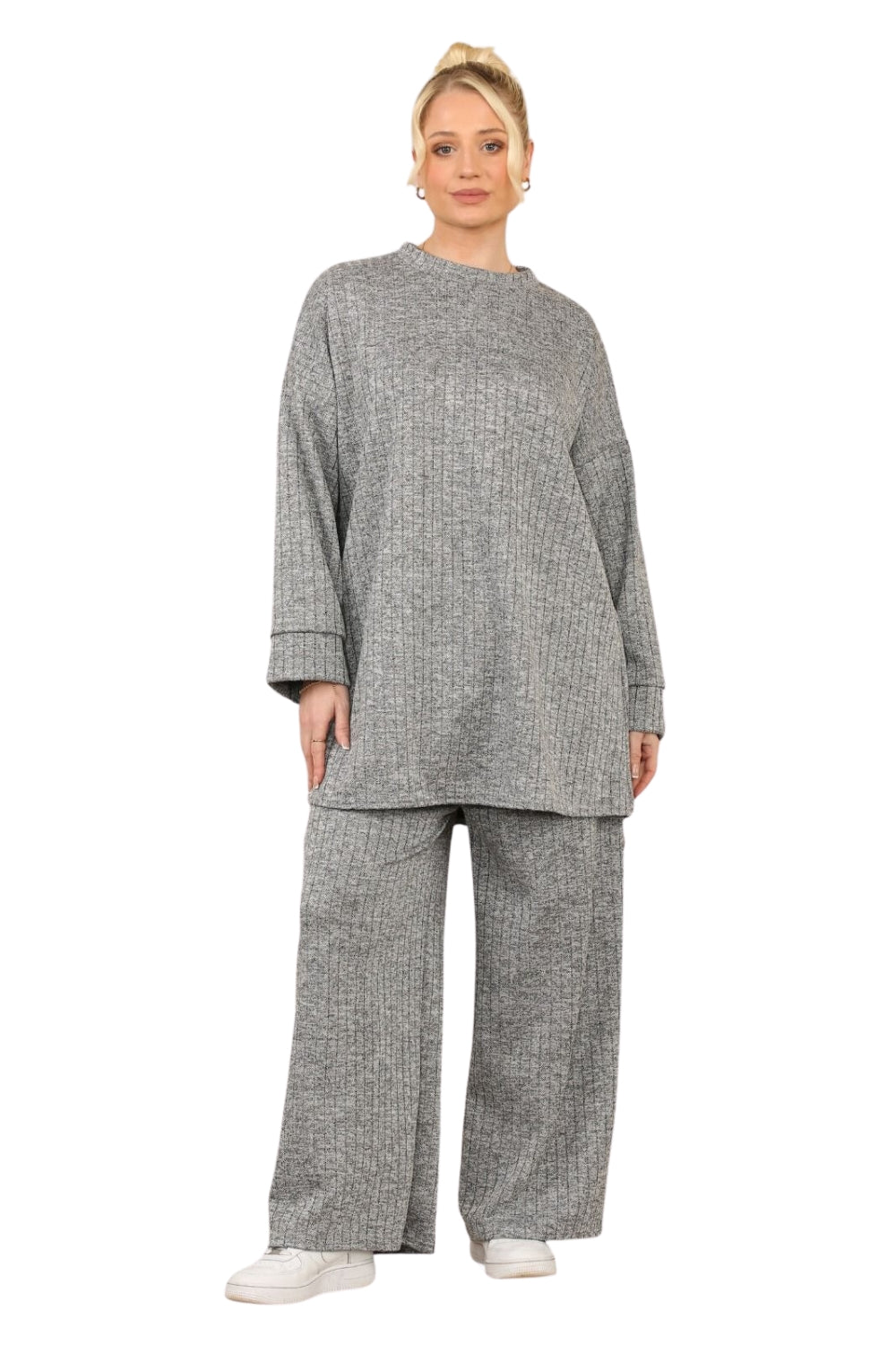 2 Piece Needle Ribbed Long Sleeves Loungewear Set