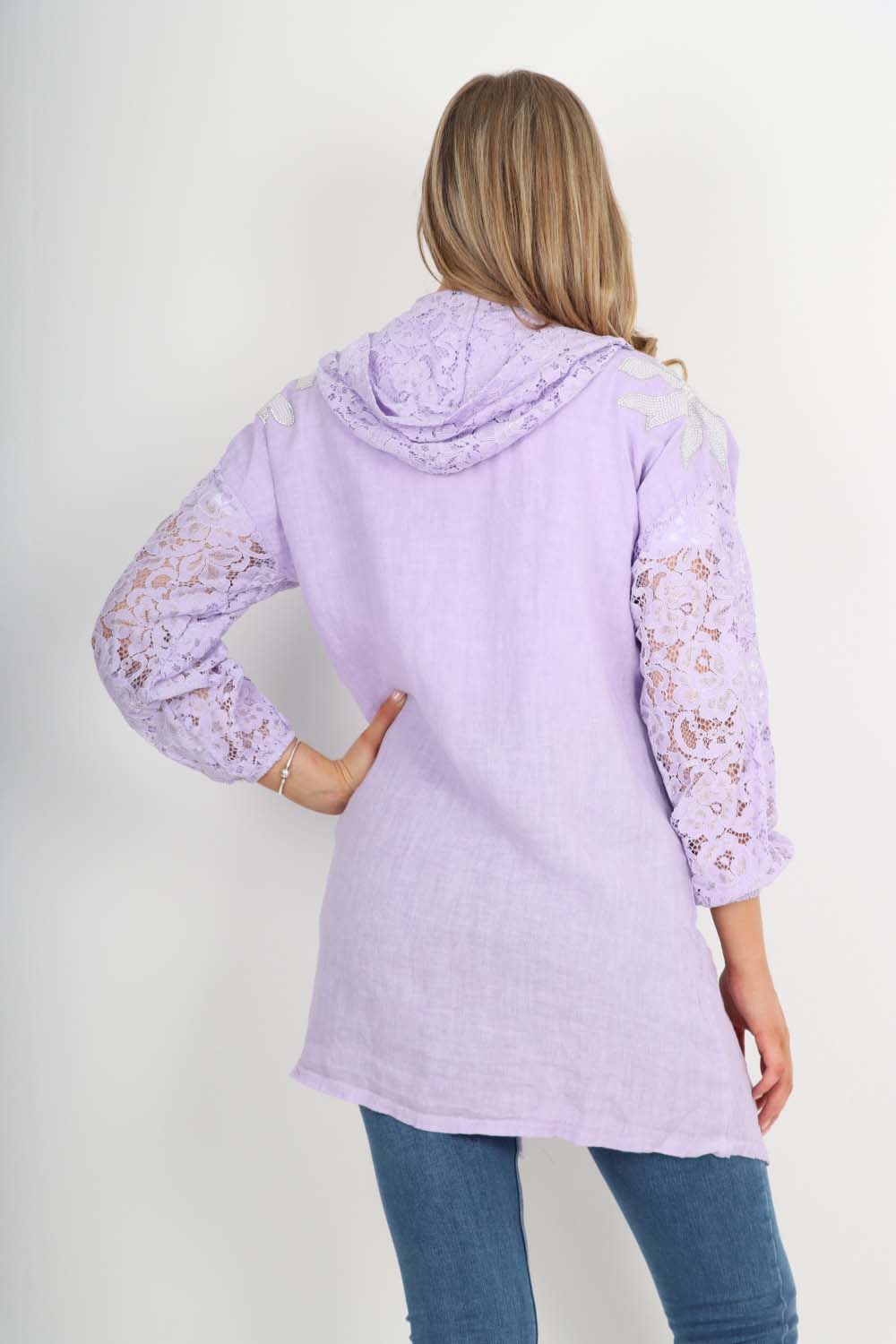 Italian Lace Sleeve Hooded Long Cardigan