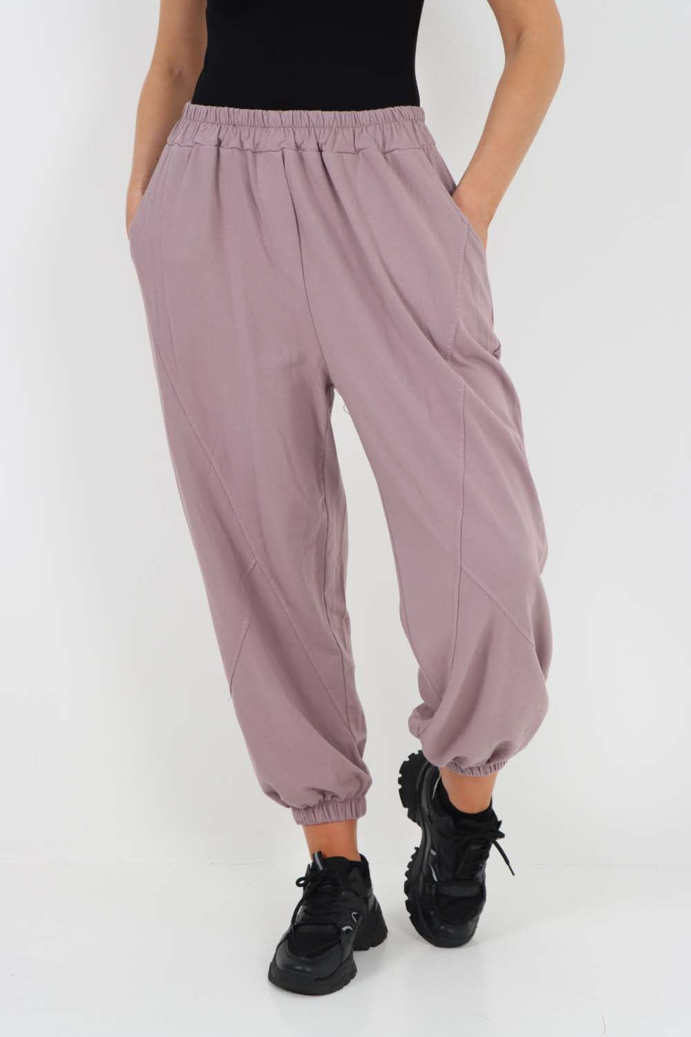 Italian Ruched Hem Cotton Trousers With Side Pockets