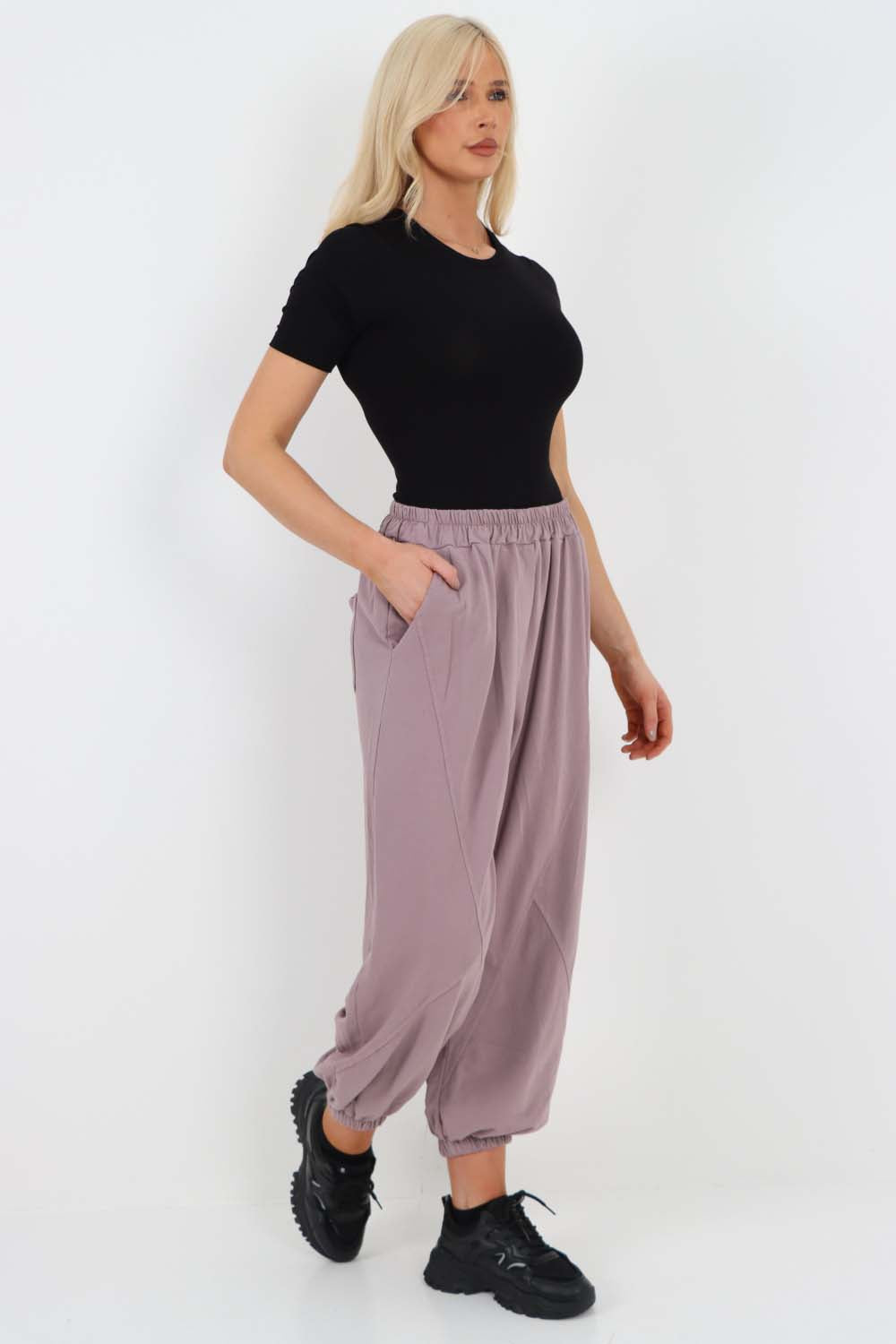Italian Ruched Hem Cotton Trousers With Side Pockets