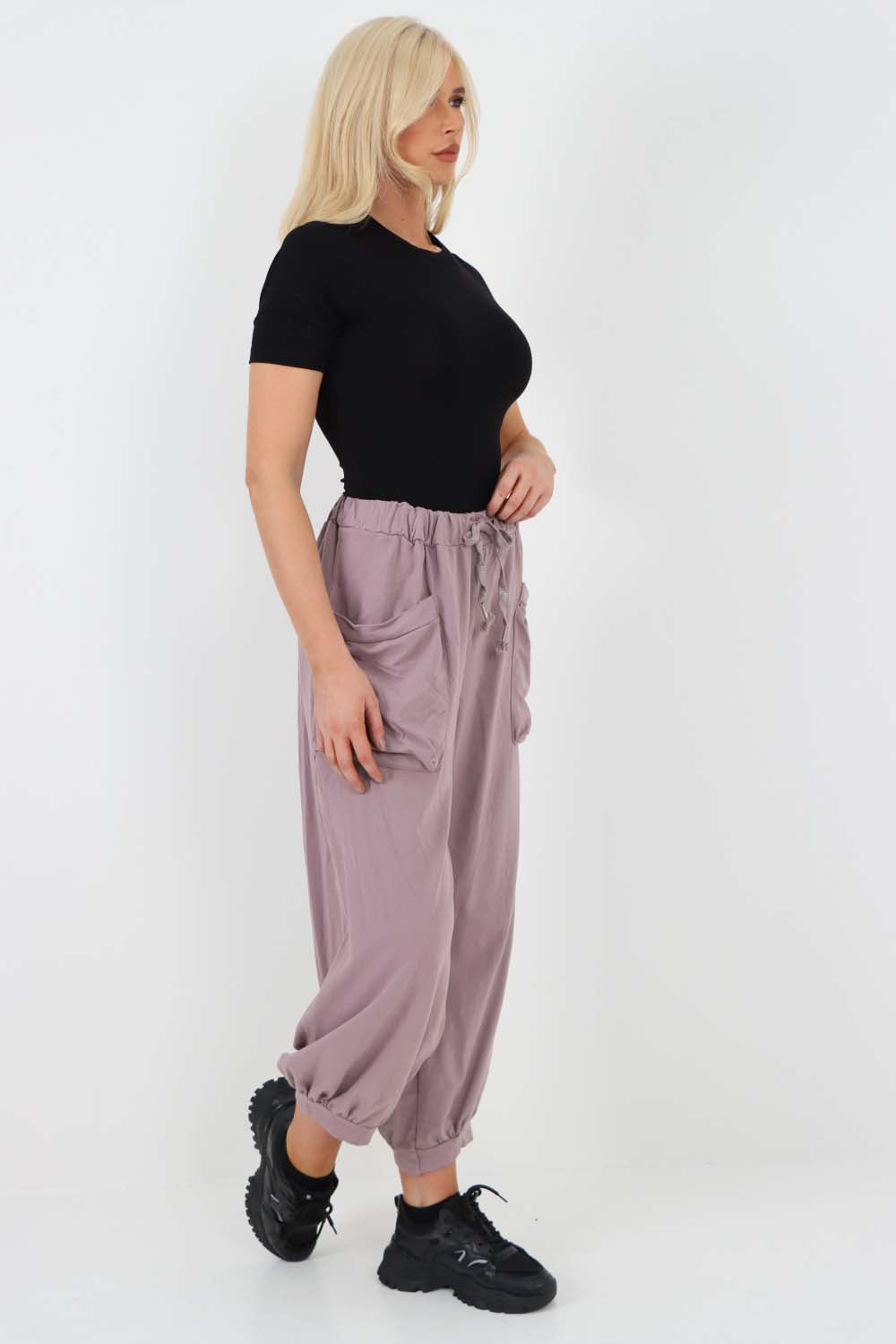 Italian Drawstring Cotton Harem Trousers With Side Pockets