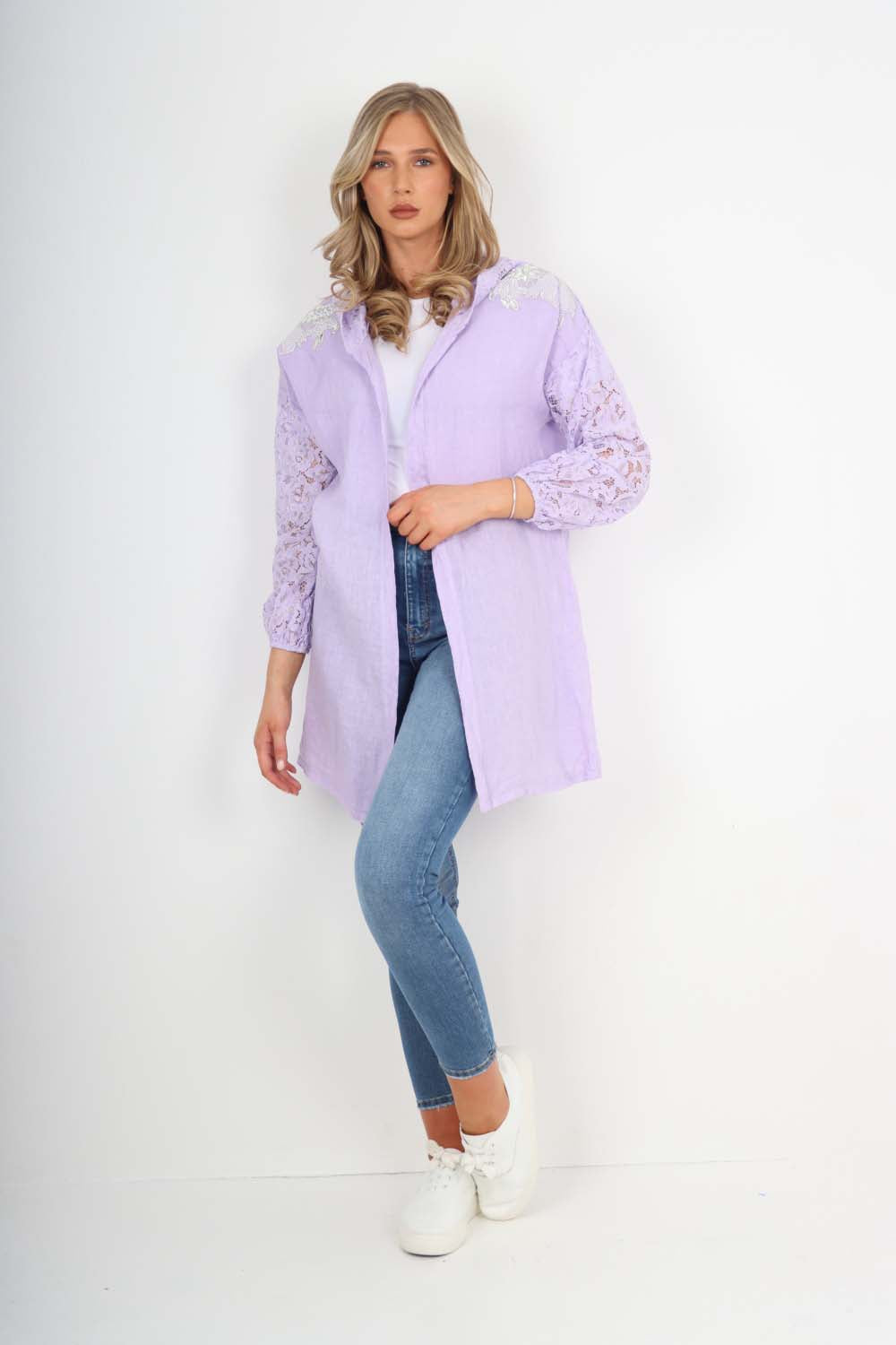 Italian Lace Sleeve Hooded Long Cardigan