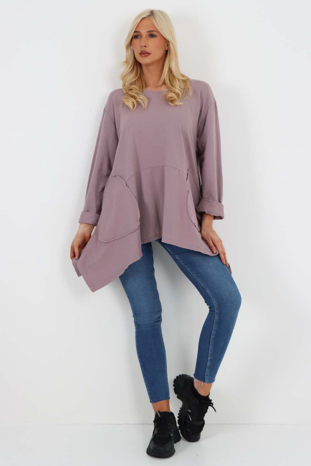 Italian Diagonal Pockets Cotton Tunic Top
