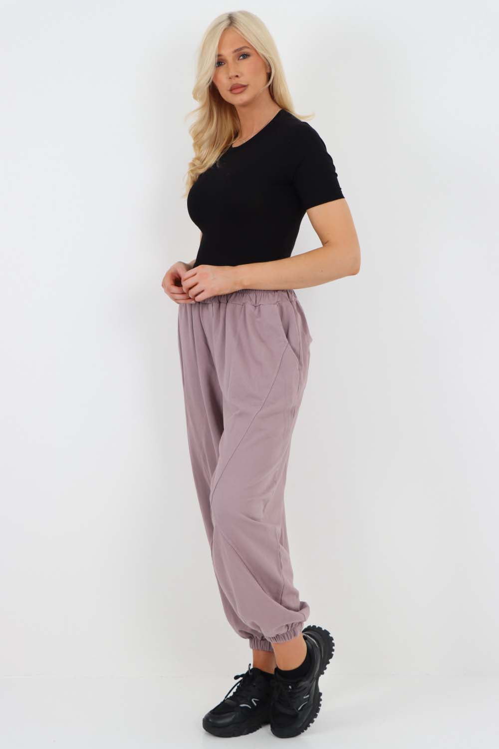 Italian Ruched Hem Cotton Trousers With Side Pockets