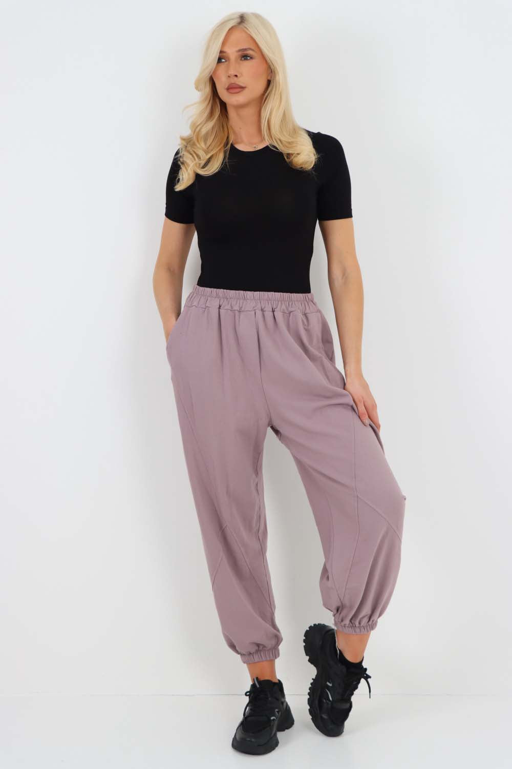 Italian Ruched Hem Cotton Trousers With Side Pockets