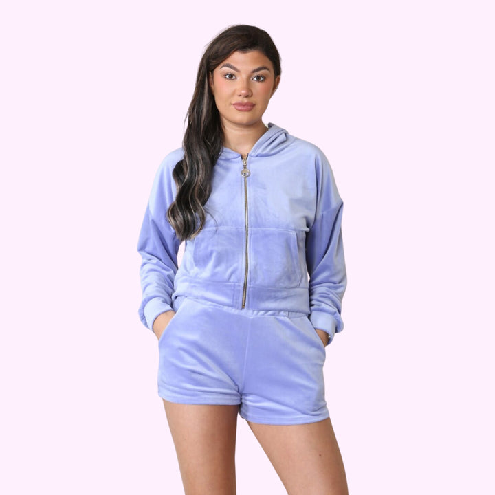 STUDDED JUICY PRINT VELOUR HOODIE AND SHORT SET