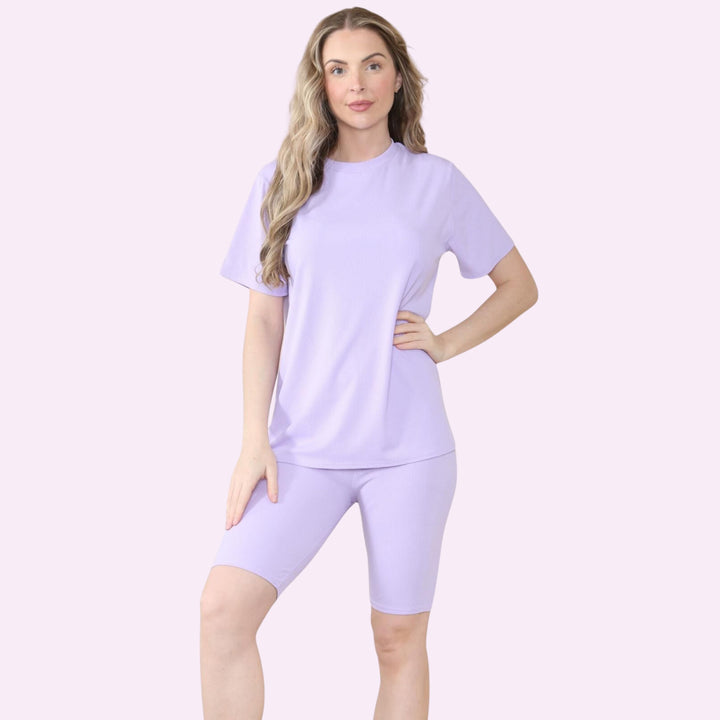 Ladies Ribbed Cycling Shorts Oversized T-Shirt and Active Gym Co ord Set