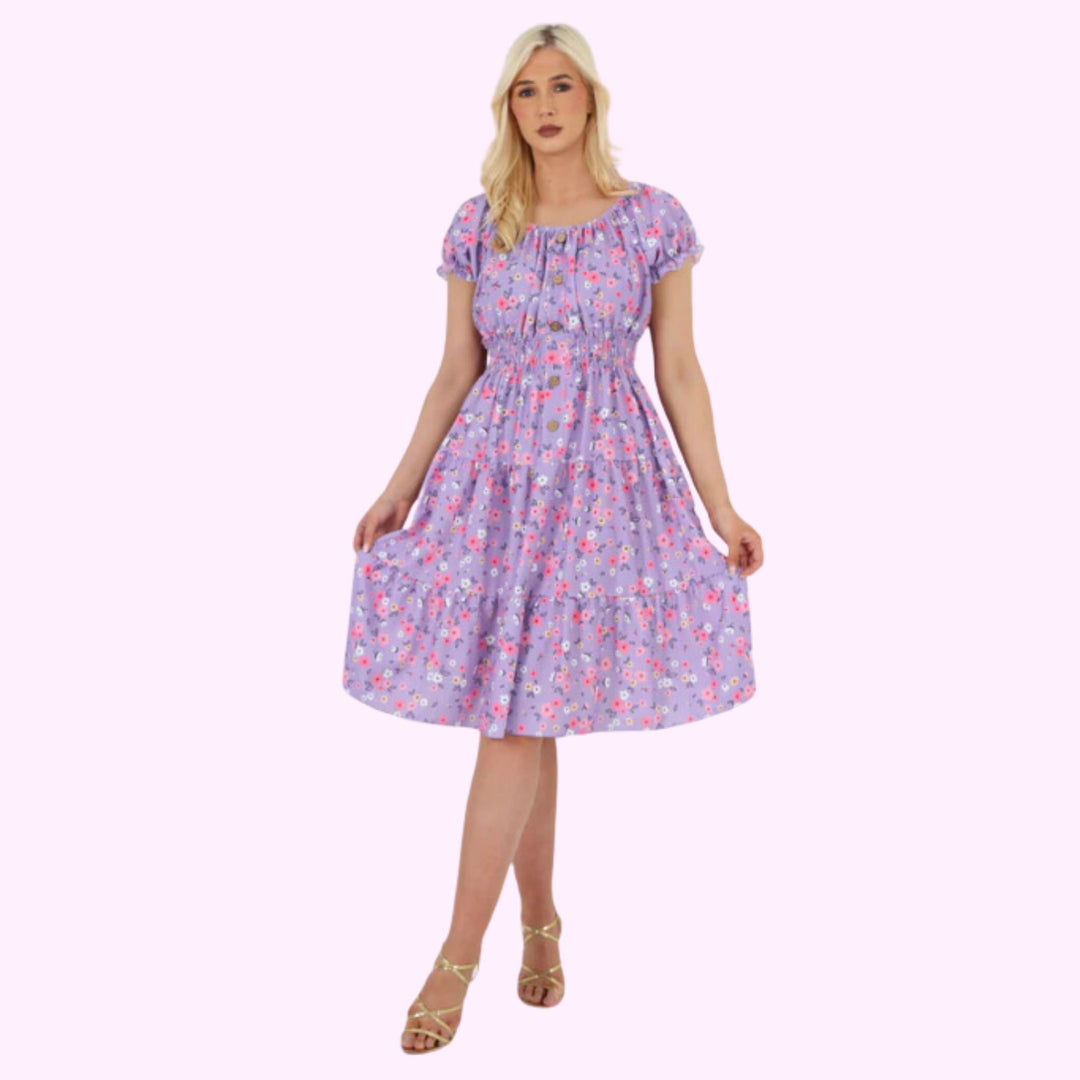 Italian Button Detailed Ditsy Print Bardot Midi Dress