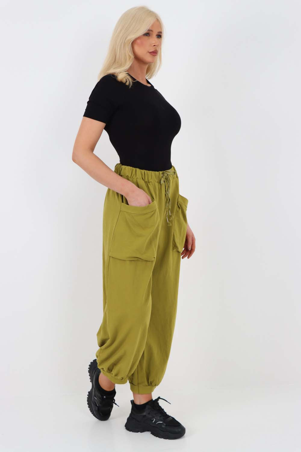 Italian Drawstring Cotton Harem Trousers With Side Pockets