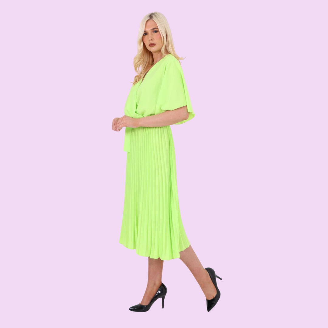 Pleated Belted Wrap Midi Dress