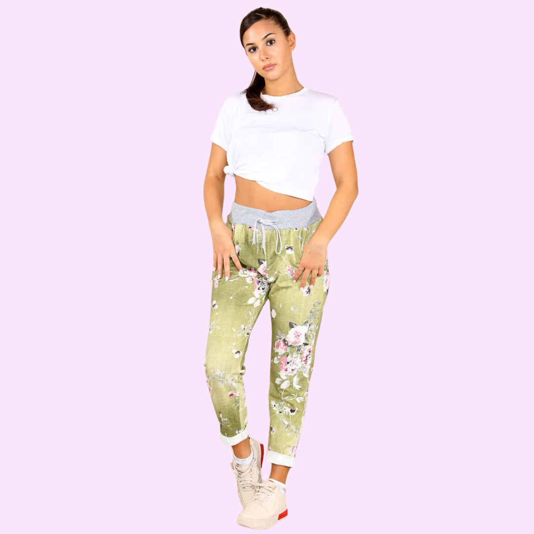 Italian Floral Print Drawstring Cotton Joggers