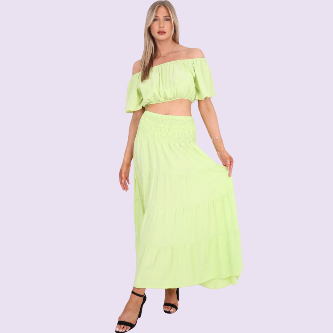 Italian Bardot Crop Top And Maxi Skirt Set