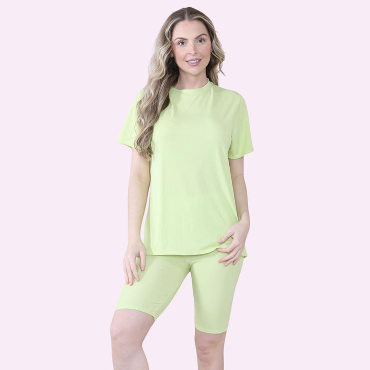 Ladies Ribbed Cycling Shorts Oversized T-Shirt and Active Gym Co ord Set