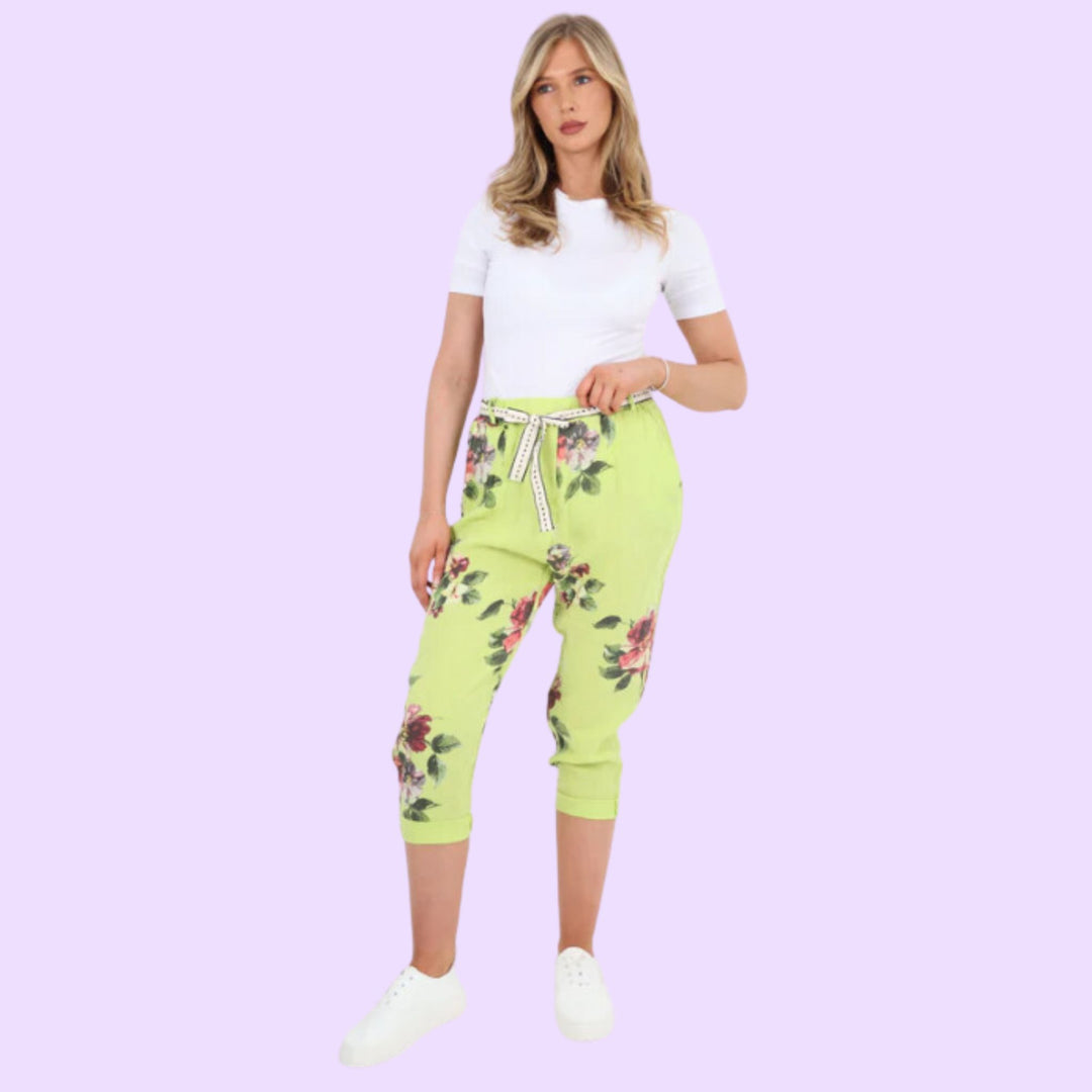 Italian Floral Belted Linen Trousers