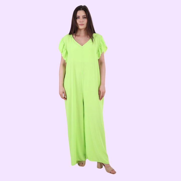 Italian Ruffled Sleeve Back Tie Open Wide Leg Jumpsuit