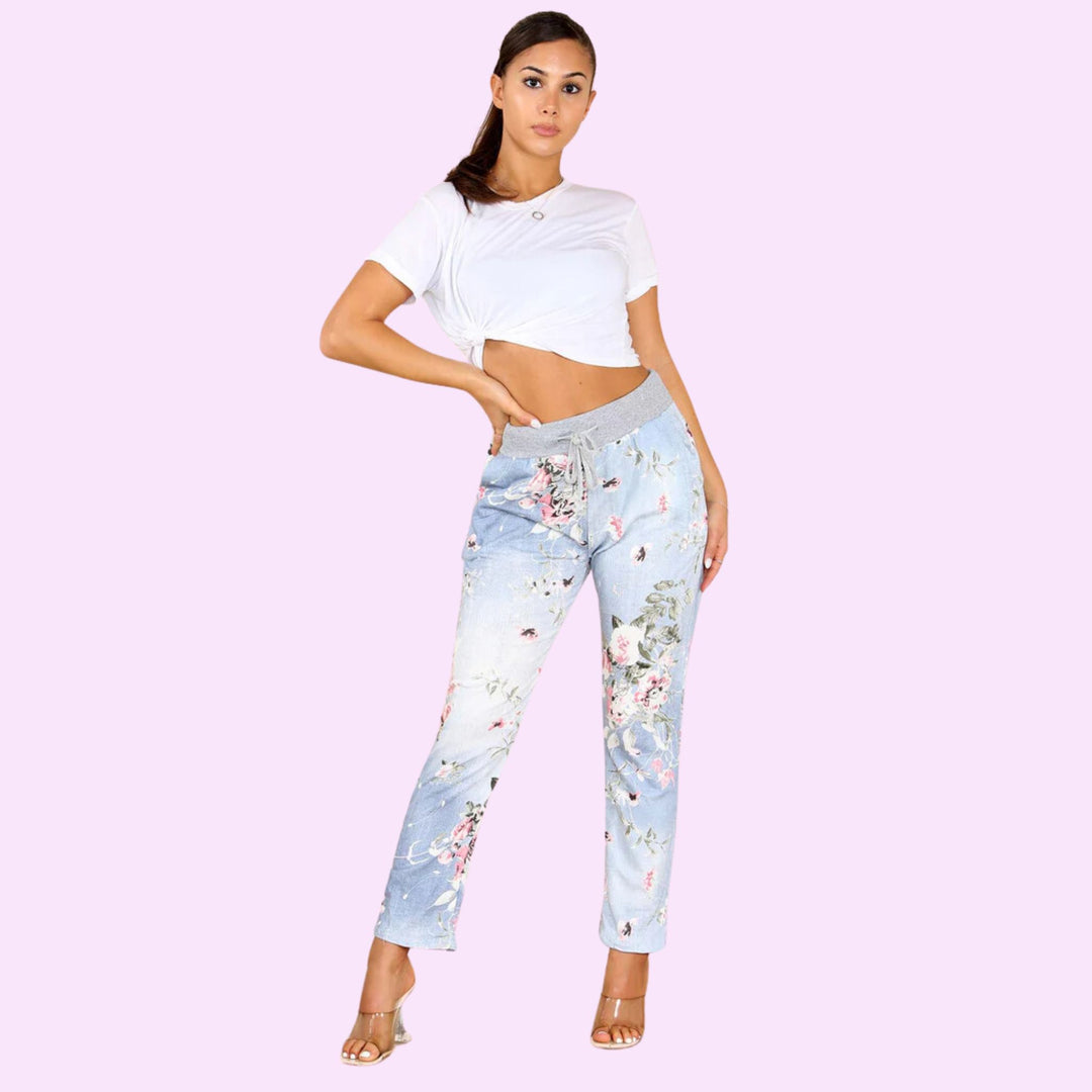 Italian Floral Print Drawstring Cotton Joggers