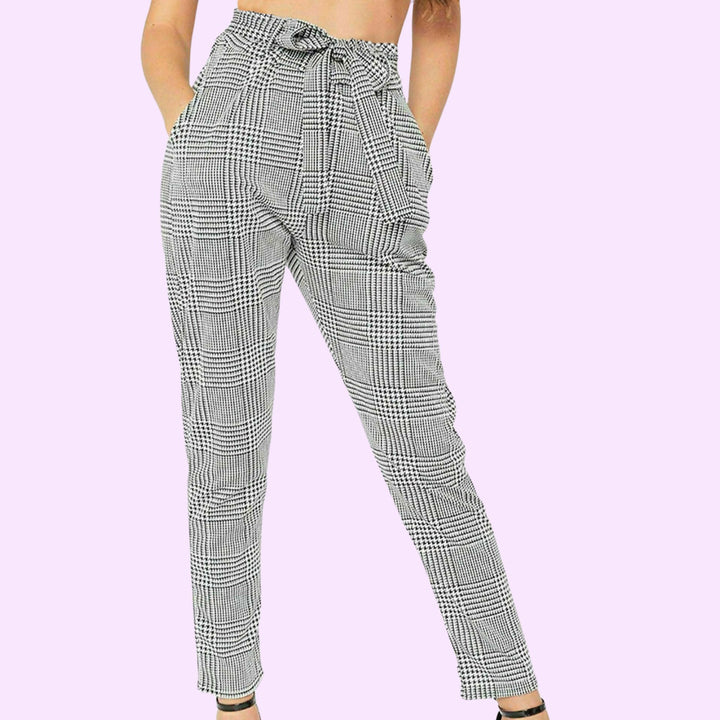 MONOCHROME CHECK FLEECE BELTED CIGARETTE TROUSER