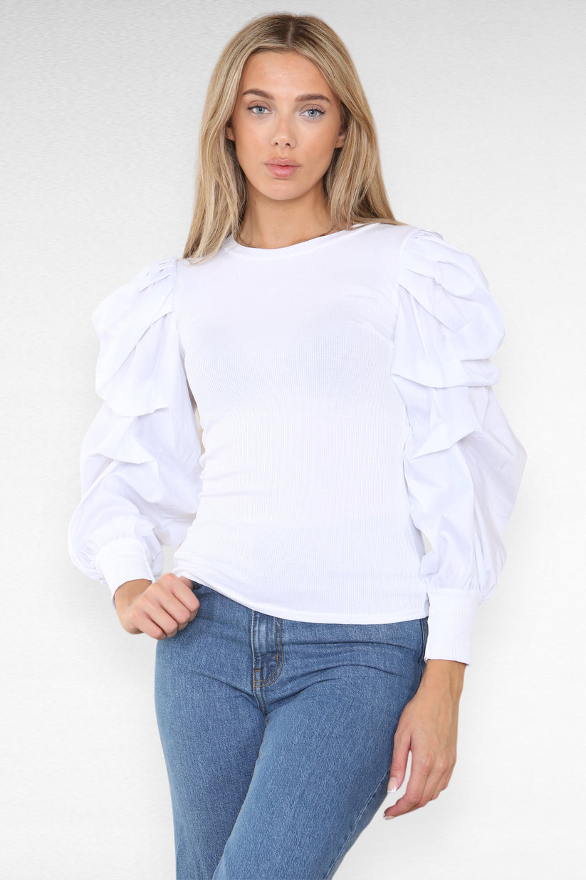 Oversized Puff Sleeves Ribbed Top