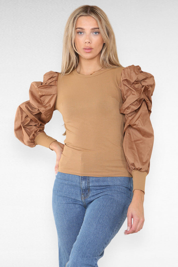 Oversized Puff Sleeves Ribbed Top