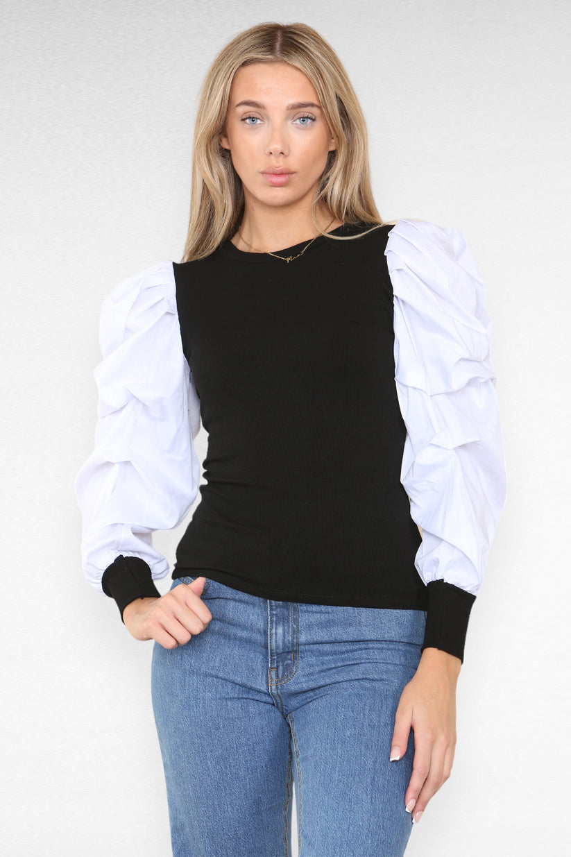 Oversized Puff Sleeves Ribbed Top