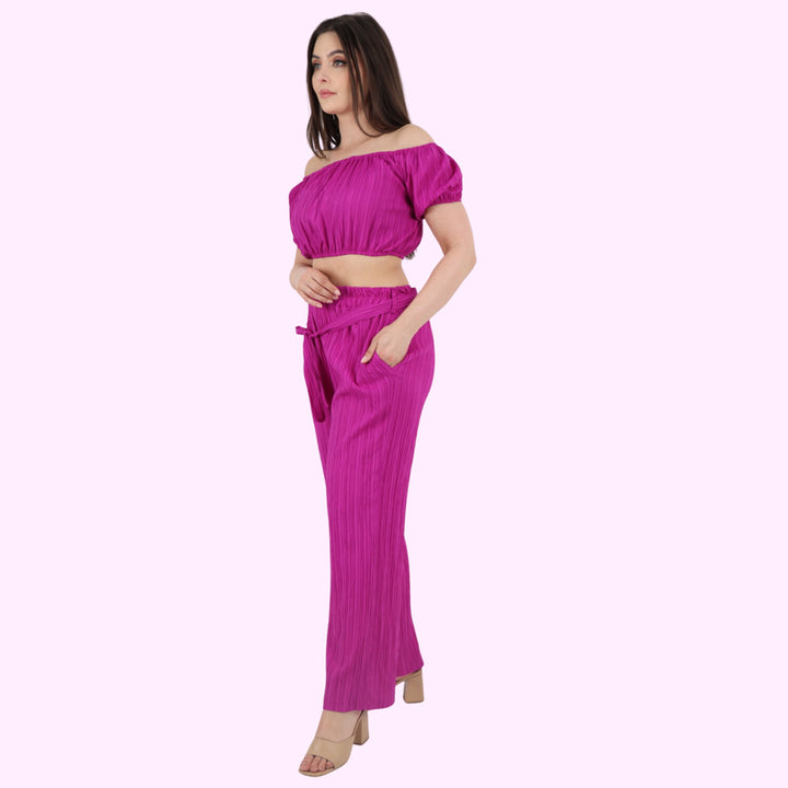 Italian Bardot Crop Top & Belted Bottom Co-Ord Set