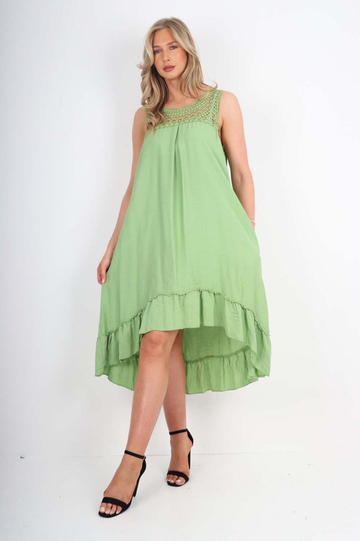 Italian Lace Neckline Dipped Hem Dress