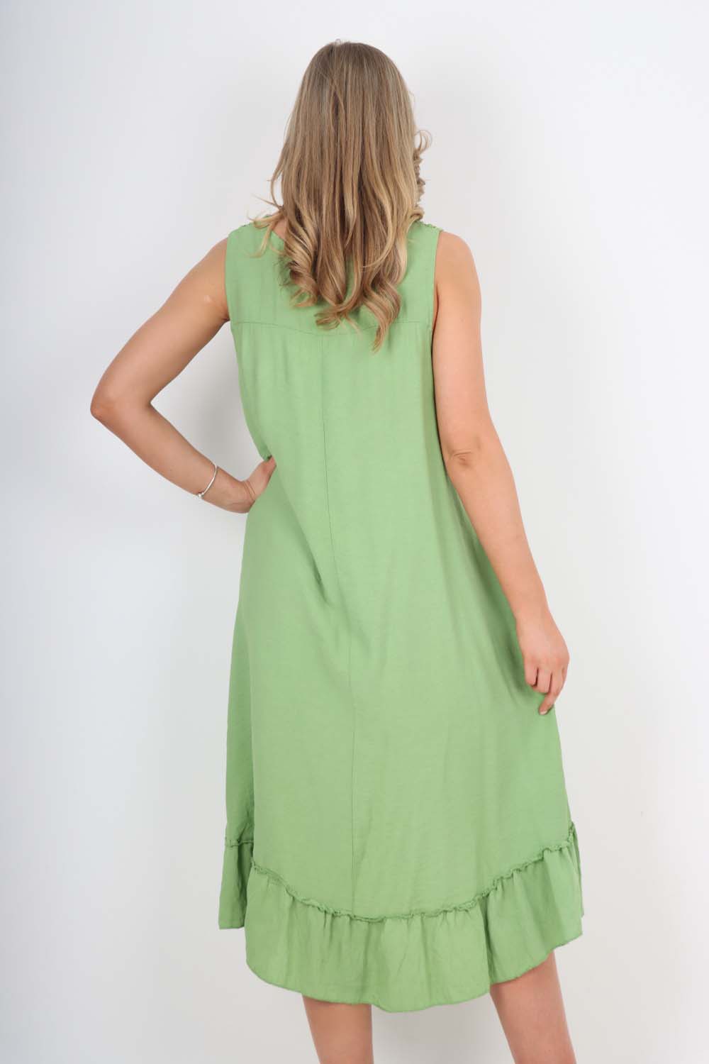 Italian Lace Neckline Dipped Hem Dress