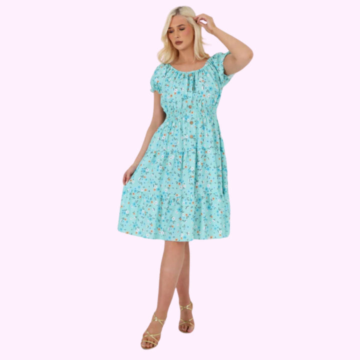 Italian Button Detailed Ditsy Print Bardot Midi Dress