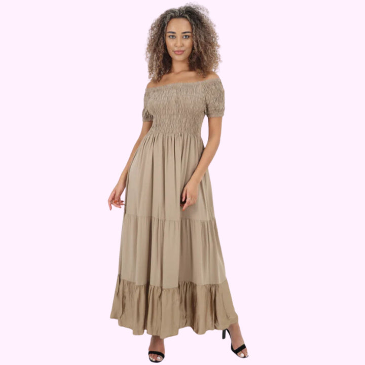 Italian Off Shoulder Shirred Elasticated Tiered Maxi Dress