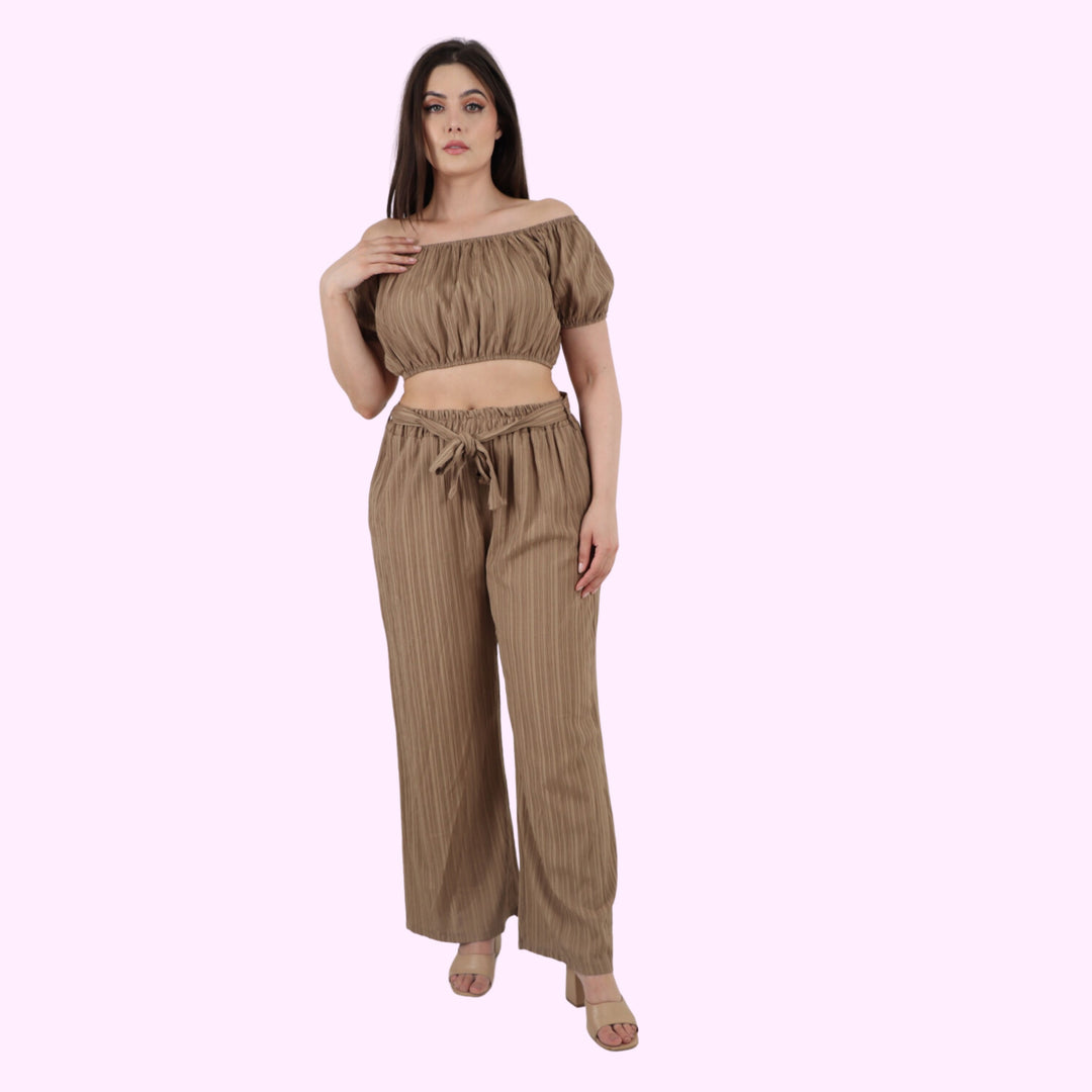 Italian Bardot Crop Top & Belted Bottom Co-Ord Set