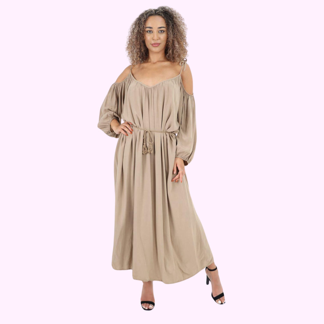 Italian Cold Shoulder Belted Maxi Dress