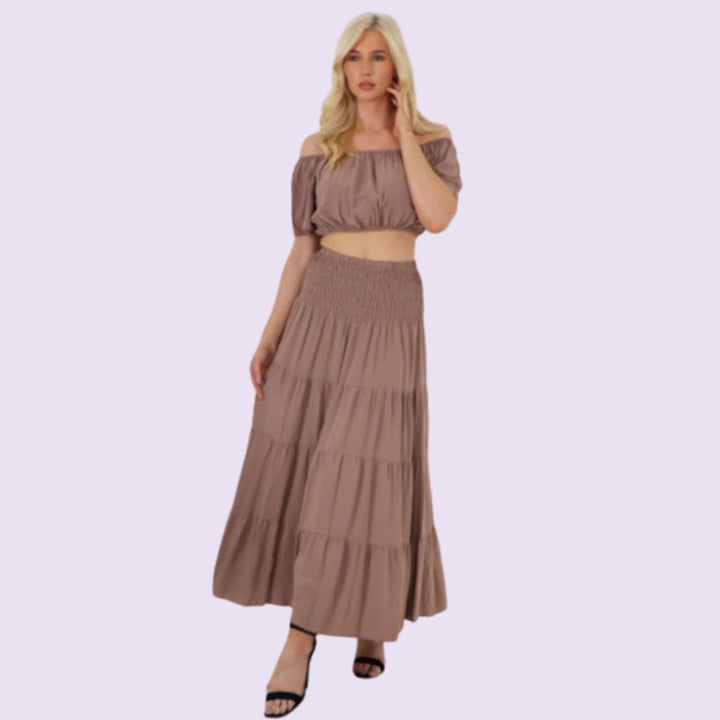 Italian Bardot Crop Top And Maxi Skirt Set