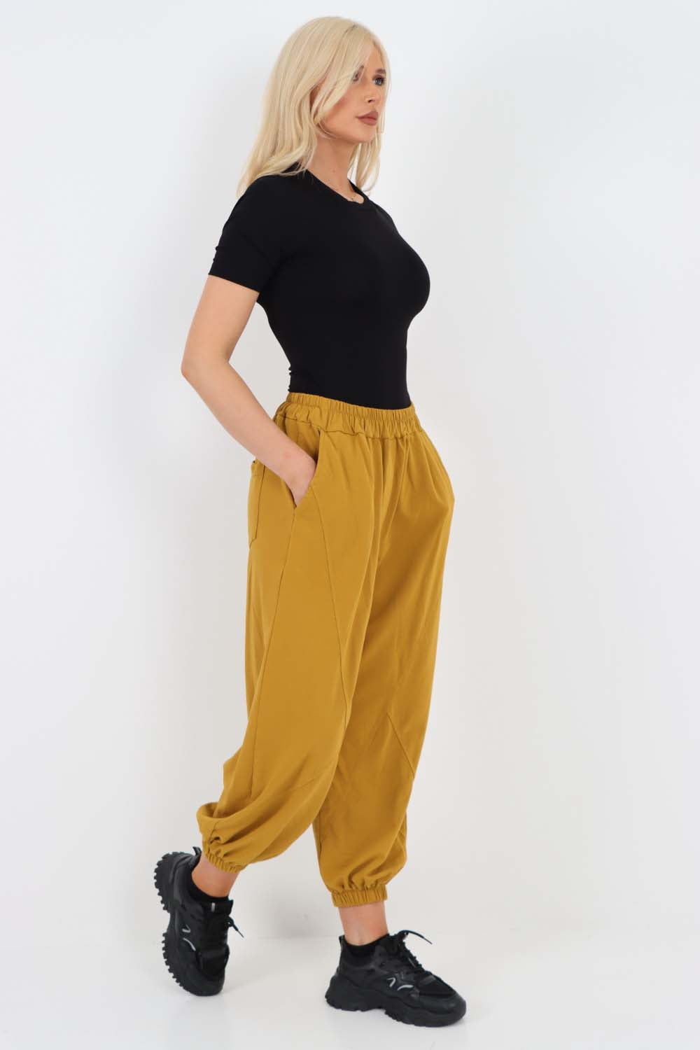 Italian Ruched Hem Cotton Trousers With Side Pockets