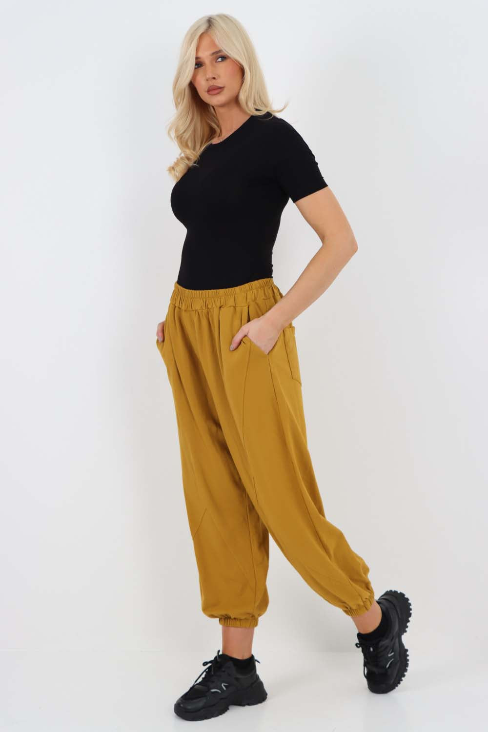 Italian Ruched Hem Cotton Trousers With Side Pockets